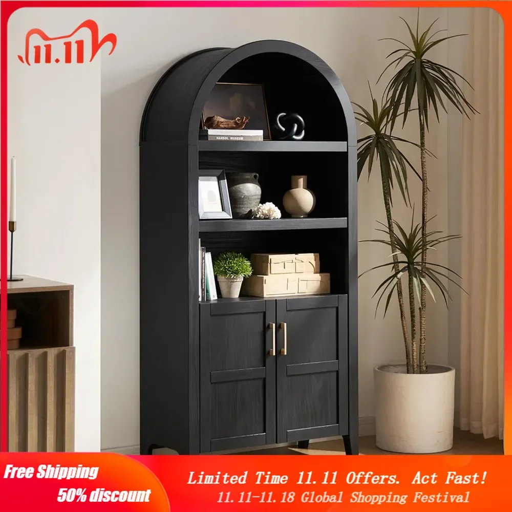 Lauren 65.4" Short Arched Cabinet, 5-Tier Arched Bookcase with Doors and Shelves, Mini Bookshelf with Storage
