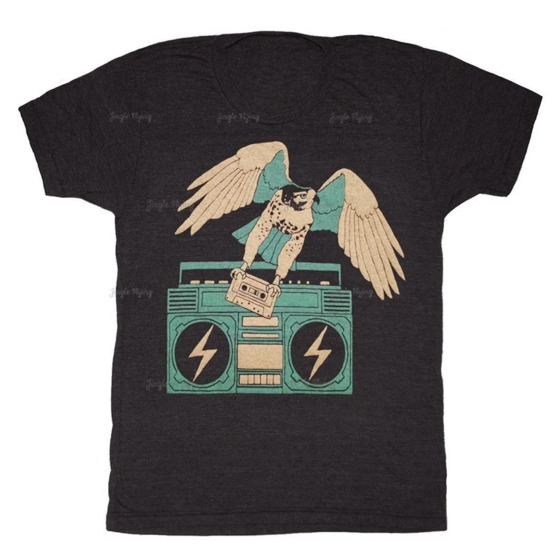 Hawk Unisex Mens T-Shirt Tee Eagle Falcon Boombox Music Old School Cassette Tape Vinile Bird Owl Mixtape Dj Retro
