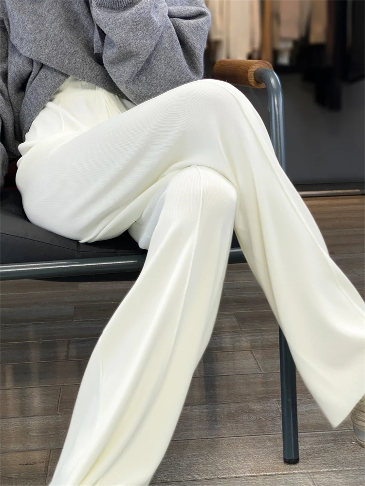 Summer new curved bead ice silk fabric with high waisted elastic band and wide legs, simple and fashionable women's pants