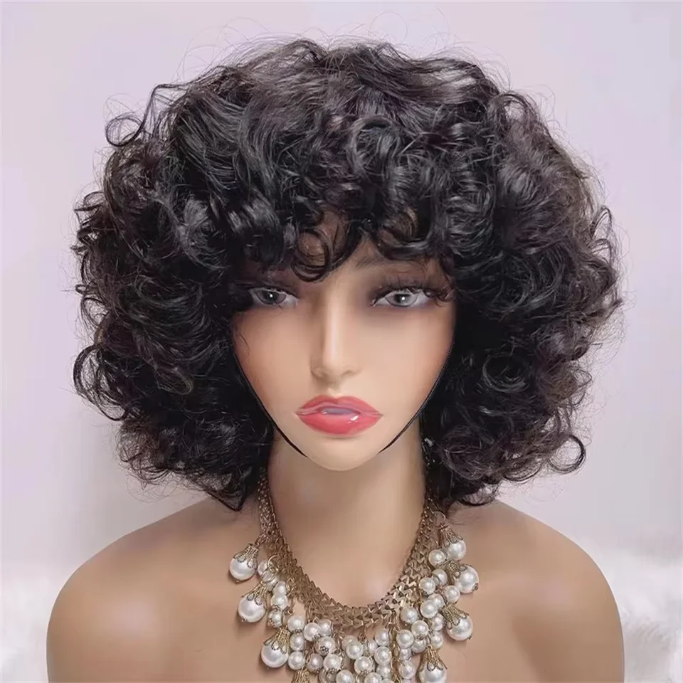 Fumi lockige Echthaar-Perücken, Fransen-Perücke, Pixie-Schnitt, Rose, lockig, günstige volle Maschinenperücken, Egg Curl, kurze Bob-Perücke mit Pony, 250-Dichte – Detail 6