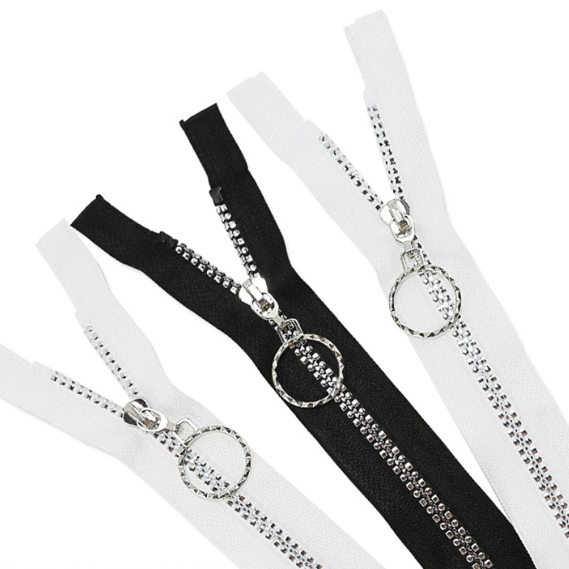 2Pcs Silver Plated 5 Resin Zippers Circle Slider Open End Auto Lock