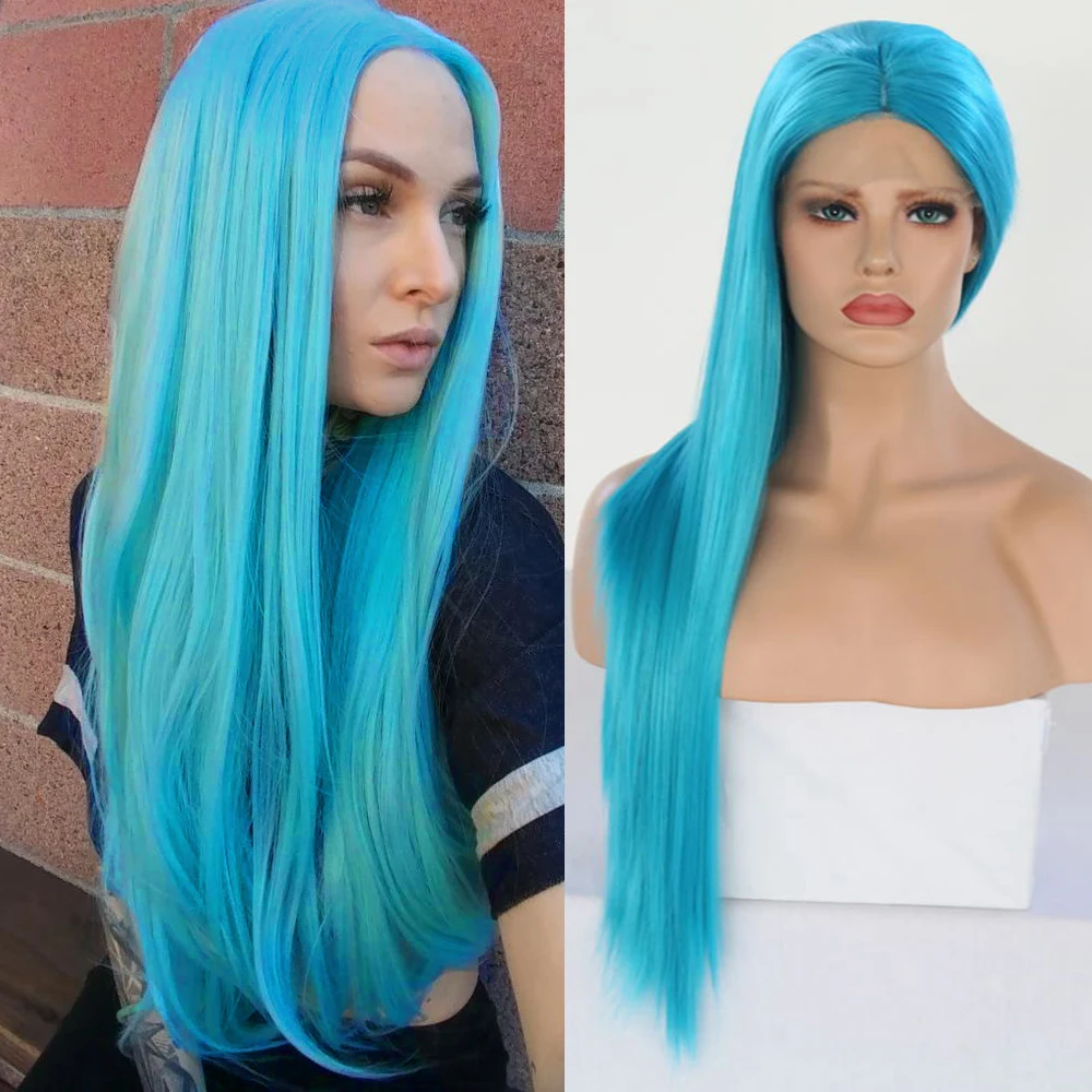 Lake Blue Synthetic Hair Lace Front Wigs Women Daily Wear Blue Wig Glueless Heat Resistant Fiber Long Straight Hair Cosplay