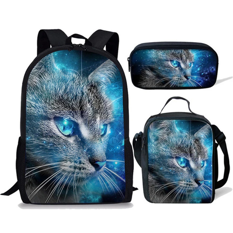 Harajuku Novelty Funny Cat 3pcs/Set Backpack 3D Print School Student Bookbag Anime Laptop Daypack Lunch Bag Pencil Case