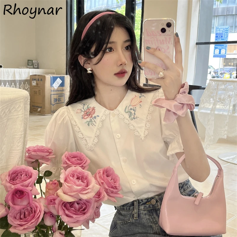 

French Style Flower Embroidery Shirts Women Sweet Elegant Girlish Puff Sleeve Fashion Baggy Leisure Tender Popular Vacation Ins
