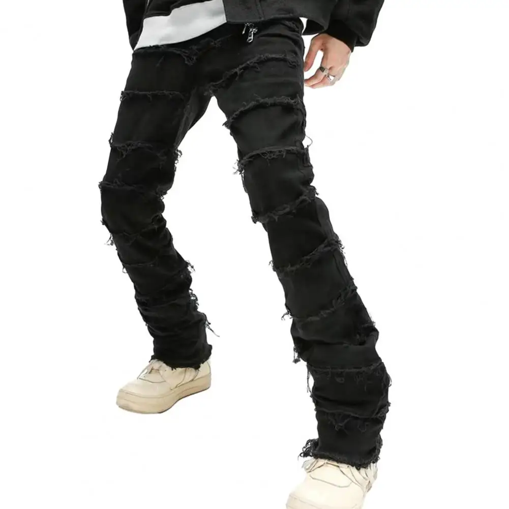 

Men Black Jeans Streetwear Denim Pants for Men Slim Fit Ripped Hop Style Mid-rise Button Fly Jeans with Burr Edge Straight Leg