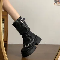 Bottes de motard vintage pour femme à plateforme épaisse, mi-mollet, style décontracté, en cuir mat avec boucle 5