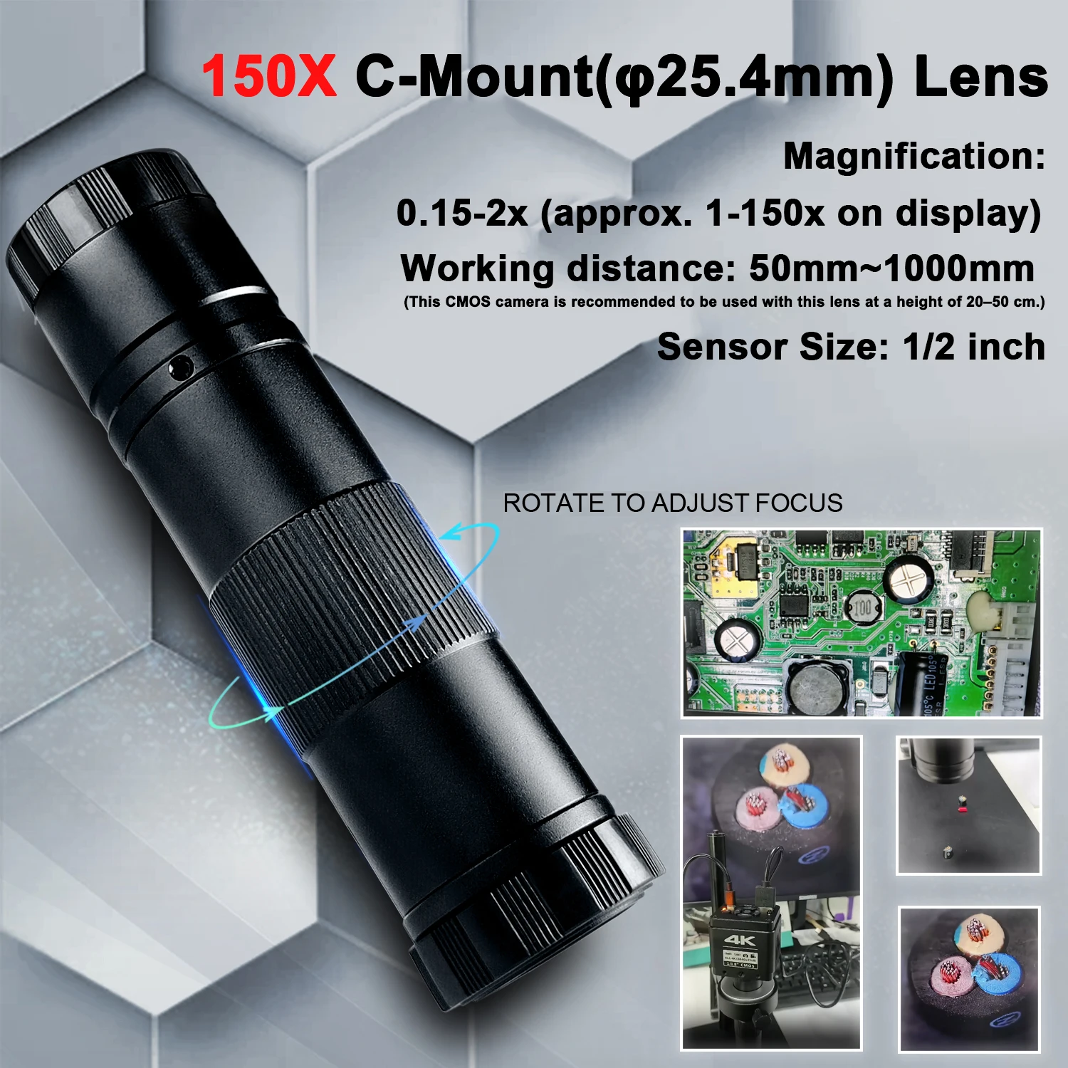 소프트웨어가 포함된 YIZHAN 4K 전자 디지털 현미경, PCB, SMD, SMT, 금속가공, 주얼리, 보석, 수의진료용 CMOS 납땜 현미경, 0.5X 2X OBJ가 있는 150X 렌즈. HDMI 및 US