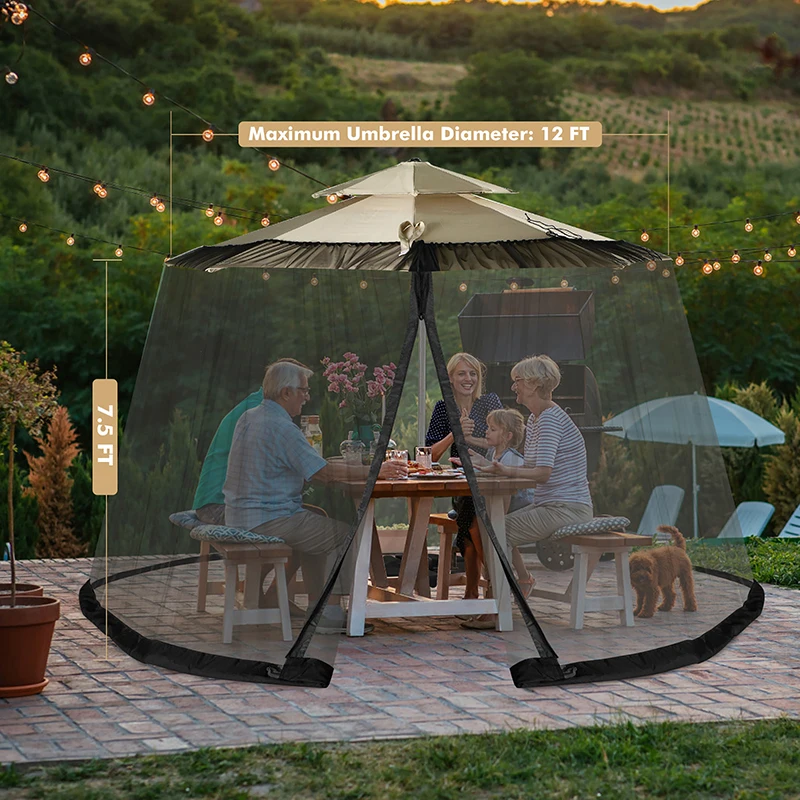 

8-12 Feet Patio Umbrella Table Mesh Screen Cover Mosquito Netting Adjustable Rope Outdoor Umbrellas and Patio Tables