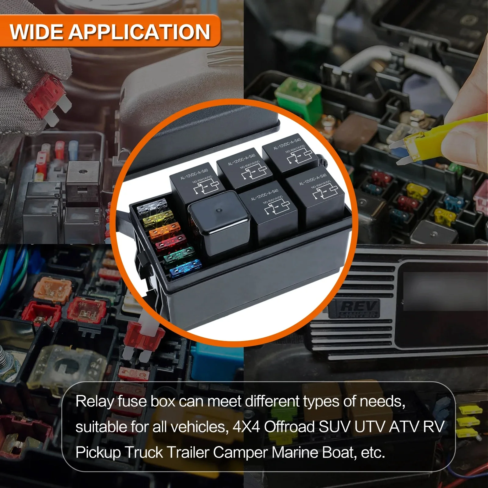 12V Relay Box with Waterproof Relay Fuse Block with 5x5pin JD1914 and 1x4pin RTT7121 6x ATC/ATO Blades Fuse for Car Truck