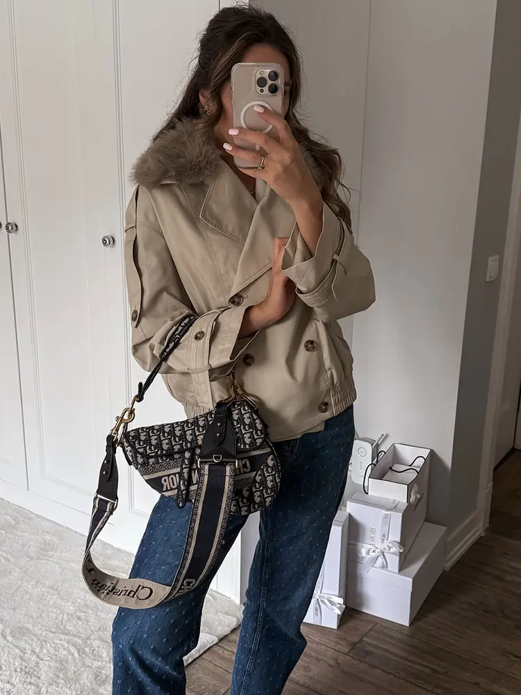 HH Women Chic Double Breasted Cropped Trench Coat With Faux Fur Collar long sleeve jacket fashion high street lady Outerwear