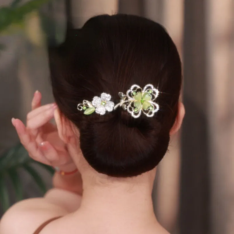 여성용 패션 녹색 클로버 Updo 헤어 액세서리, 레트로 럭셔리 지르콘 꽃 머리핀, 레이지 맨 타이 업 비녀 엄마 모자