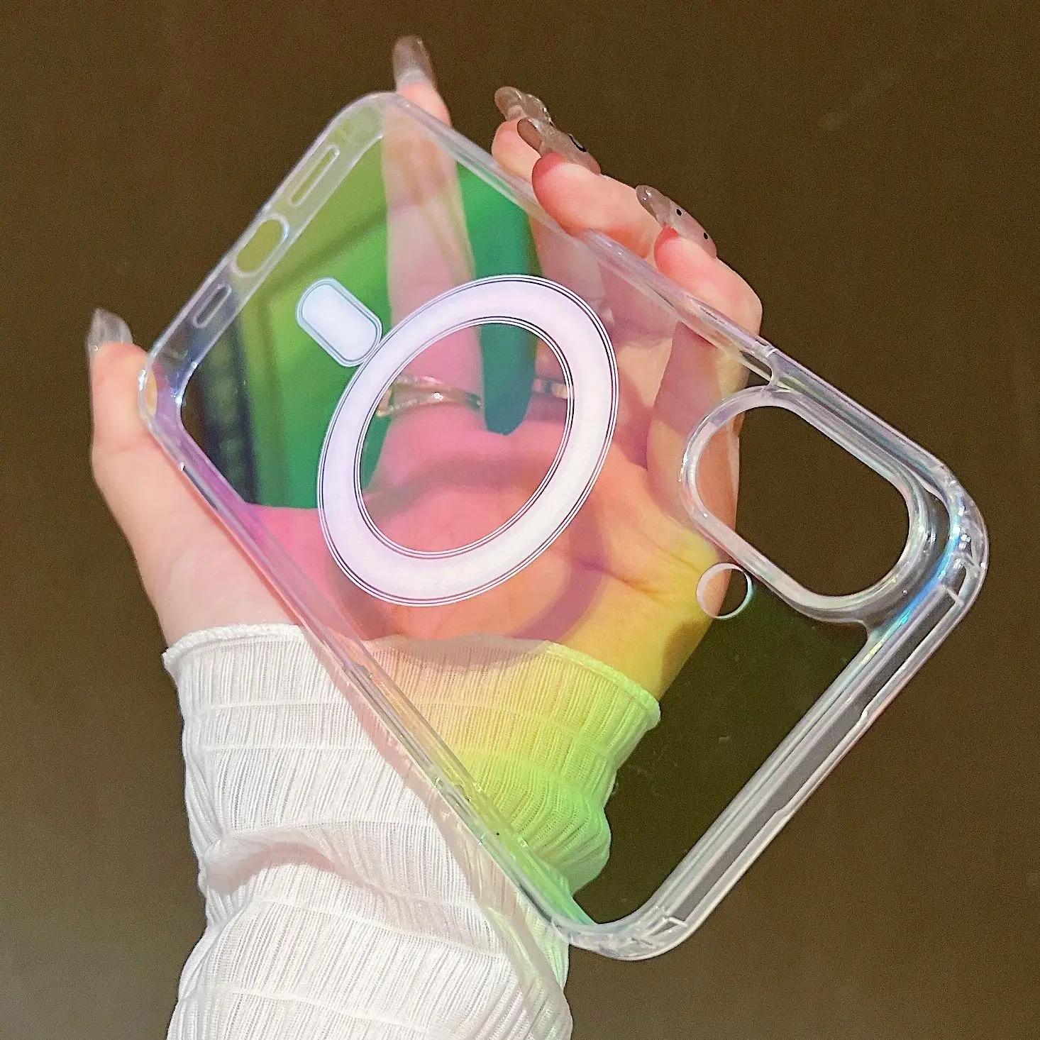 Clear Laser Rainbow Magnetic Phone Case with Wireless Charging Cover