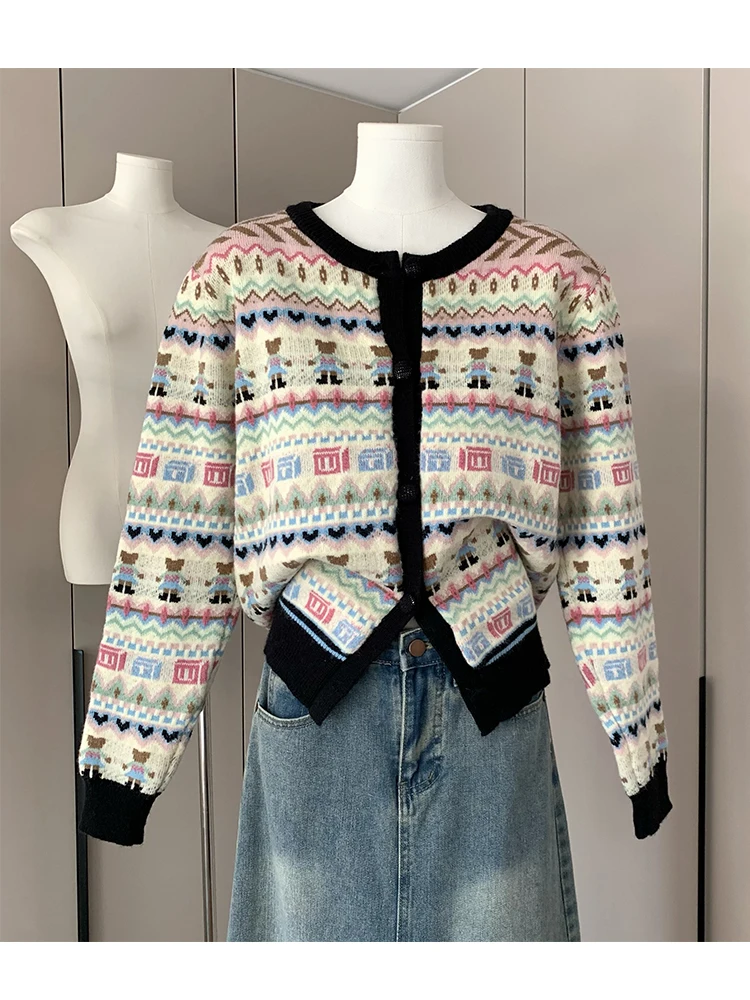 

Autumn Winter Woman Korean Fashion Vintage O-Neck Cardigan Sweater 2000s Aesthetic Cottage Core Knitwears Mori Girl Kawaii Cute