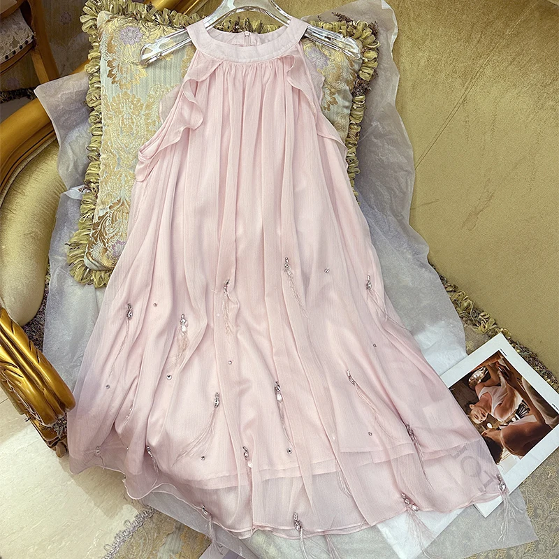 

24 Summer Women's Chiffon Sweet Pink Chiffon rhinestone Large Hanging Neck Super Immortal Feather Sleeveless Dress