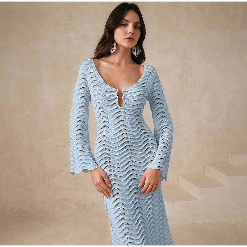 Beach Knit Hollow Out Maxi Dress Women Solid Flare Sleeve Lace-Up See-Through Holiday Dresses Female 2025 Summer Lady Slim Robes