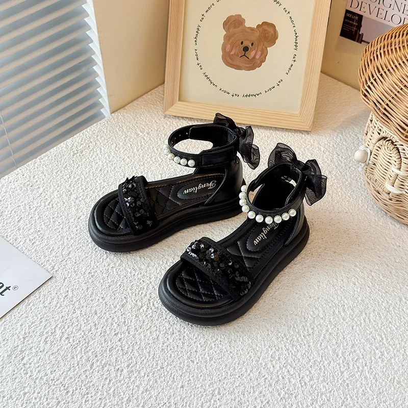 Kids Pearl Sequin High Top Sandals for Wedding Party