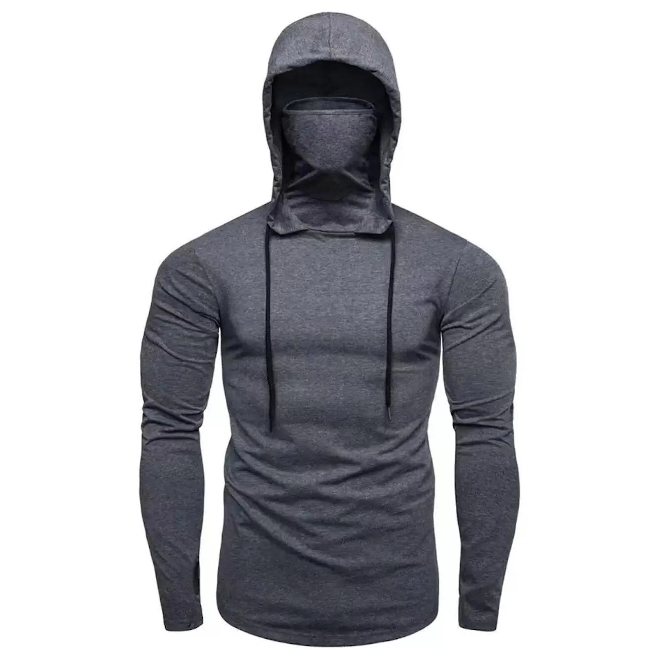 Men Solid Color Zip Up Hoodie Fashion Slim Fit Long Sleeve with Mask Design