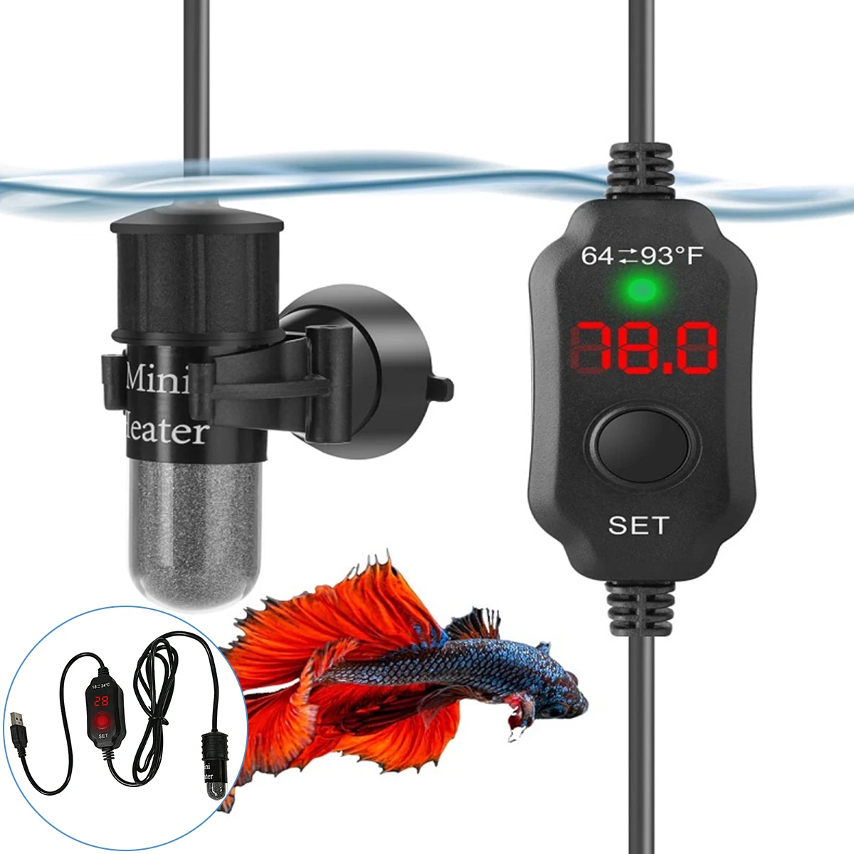 10W Mini Aquarium Heater Fish Tank Heater Thermostat Temperature Adjustable 5V/2A Turtle Safe Tank For 1-5L Tanks