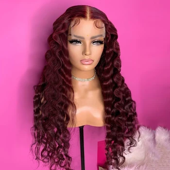 13x4 Burgundy Lace Front Wig Glueless Natural Looking 26 Inches Long Loose Wave Wig Heat Resistant Synthetic Hair Daily Use
