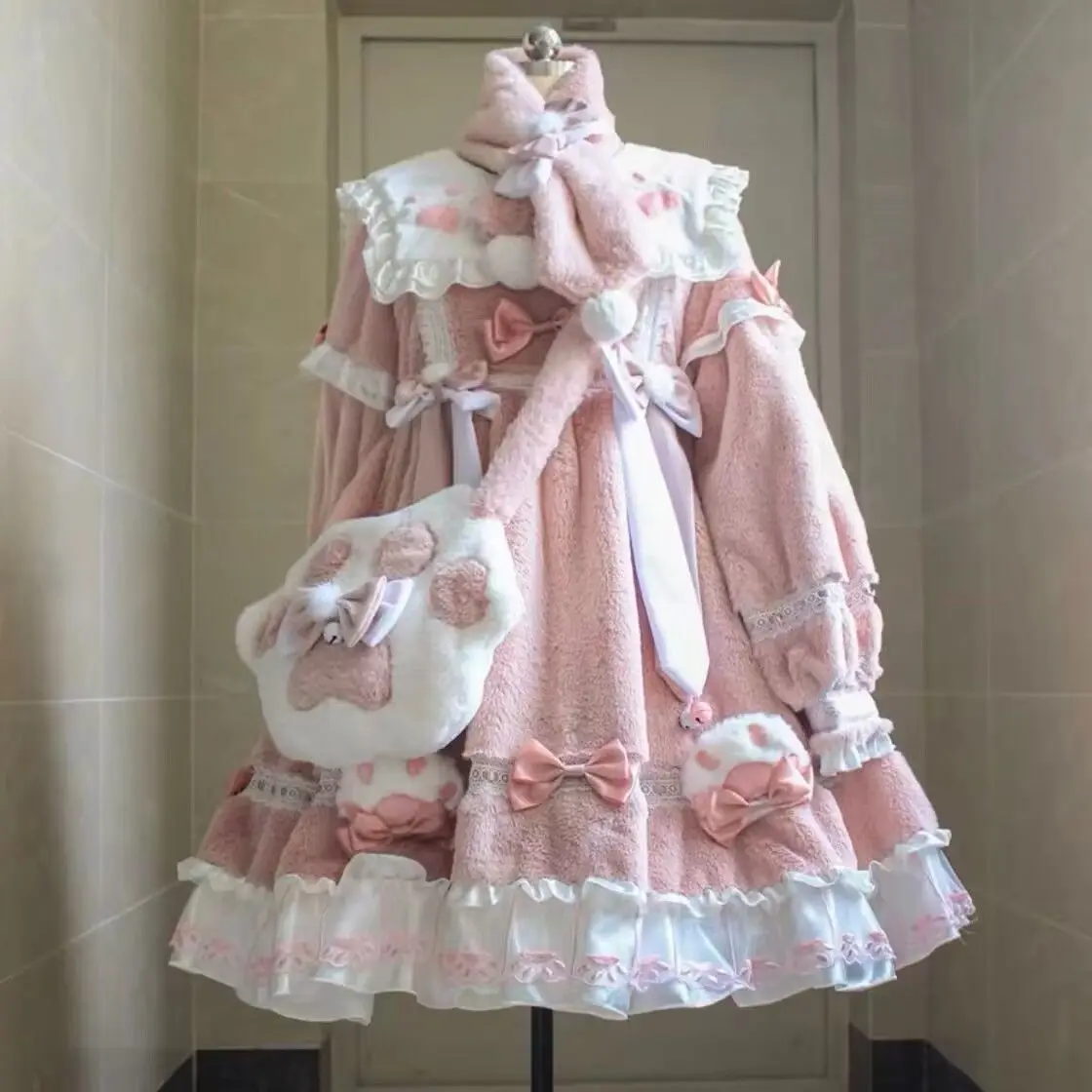 Little Milk Meow Cat Lolita Dress Plush Autumn Winter Long Sleeve Thickened New Year Clothes Birthday Party Girl Bag