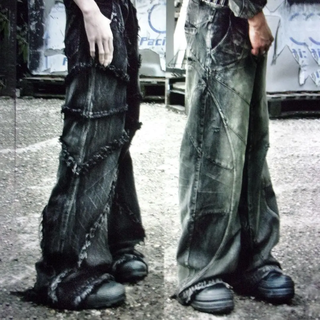 Y2K Tassel Jeans Men's Black Gray Washed Jeans Gothic Style Street Trend Teen Clothes Retro Loose Wide Leg Pants