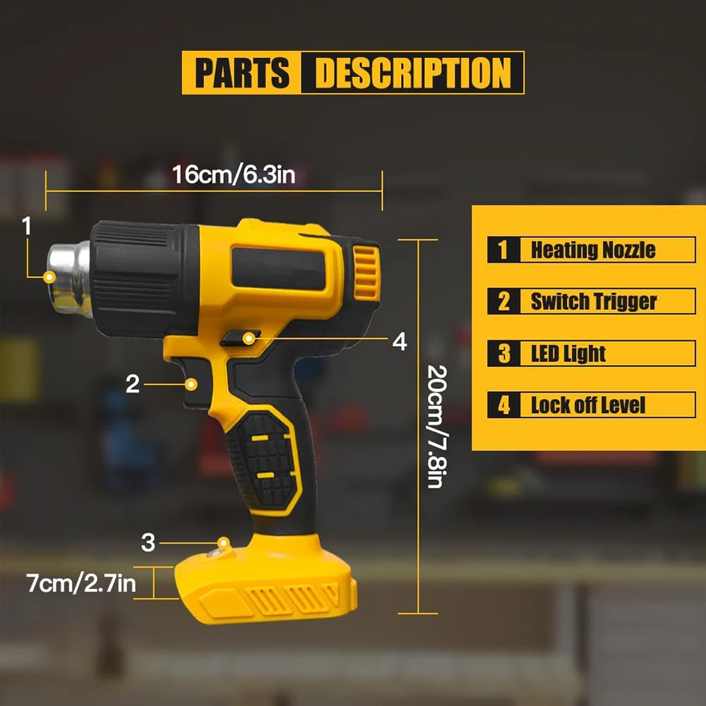Cordless Hot Air Gun Compatible with Dewalt 20V Battery, 550°C Handheld Heat Gun with 3 Nozzles for DIY Crafts 6