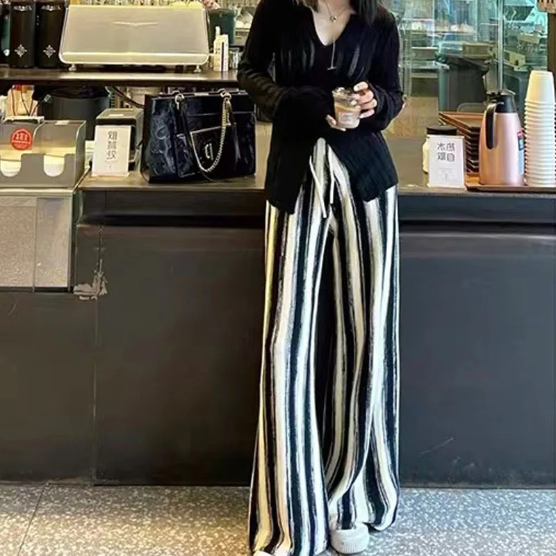 

Limiguyue Black White Striped Pants Women Knitted Trousers High Waist Slim Autumn Winter Straight Wide Leg Casual Floor Pants