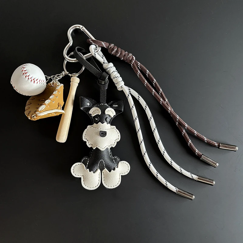 Cute Schnauzer Cartoon PU Leather Keychain for Women Dog Puppy Pendant Backpack Ornament Keyring Animal Shaped Key Chain