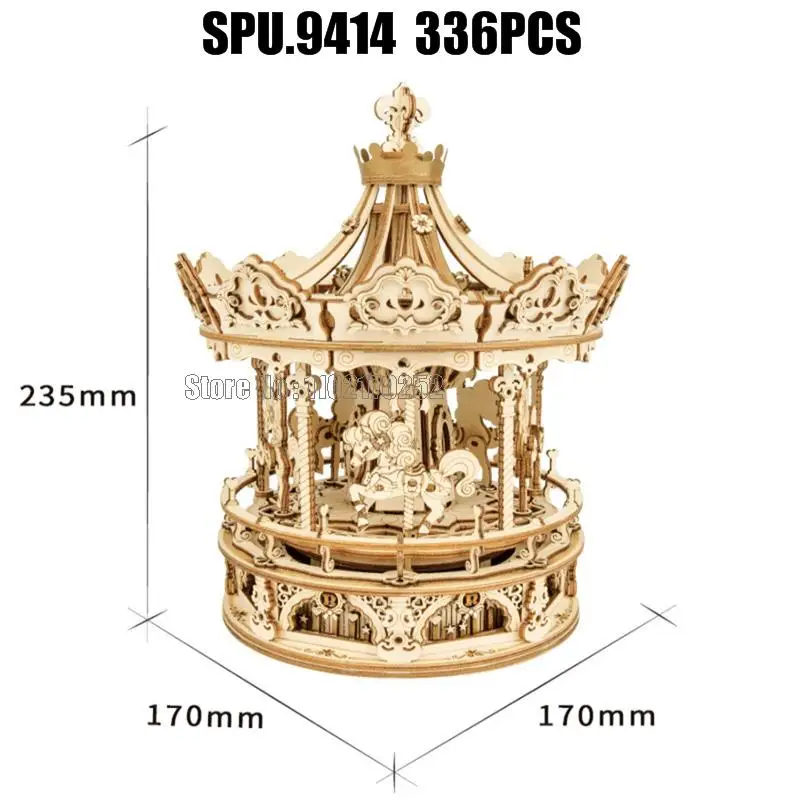 (no Box)336pcs 3d Wooden Puzzle Rotatable Diy Romantic Carousel Game Gift Children Kids Assembly Music Box Toy 2