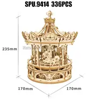 (no Box)336pcs 3d Wooden Puzzle Rotatable Diy Romantic Carousel Game Gift Children Kids Assembly Music Box Toy 2