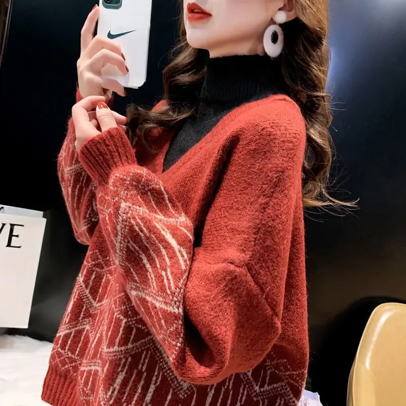 Suéteres de punto de dos piezas falsos de manga larga y cuello alto para mujer de otoño e invierno, jerséis de moda informales para oficina