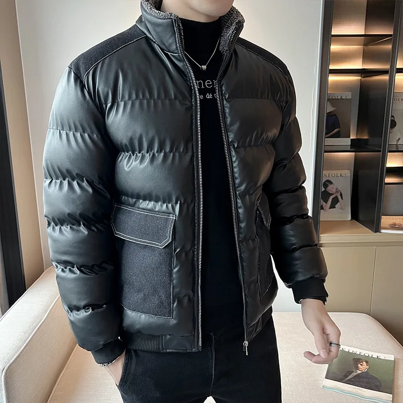 High Quality Brand Autumn Winter Coat Men Leather Jacket Thick Windproof Parka Big Pockets Stand Collar Warm Solid Puffer Jacket