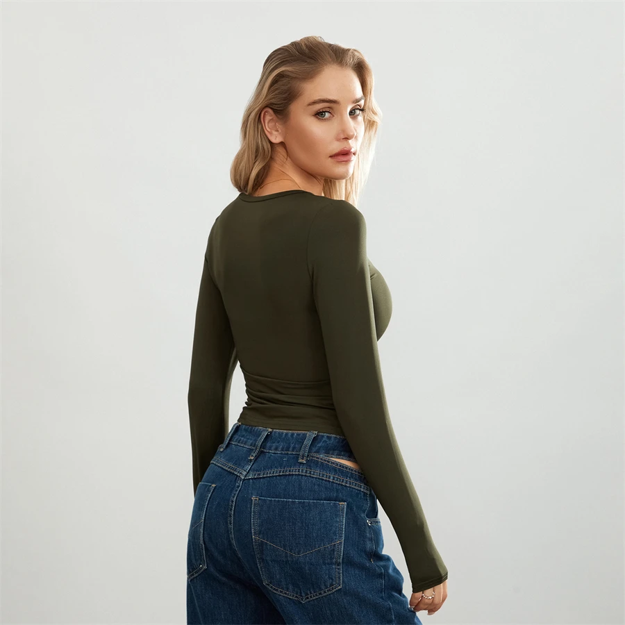 Camisetas básicas de Color liso para mujer, camisetas informales de manga larga, jerséis ajustados para otoño y primaver