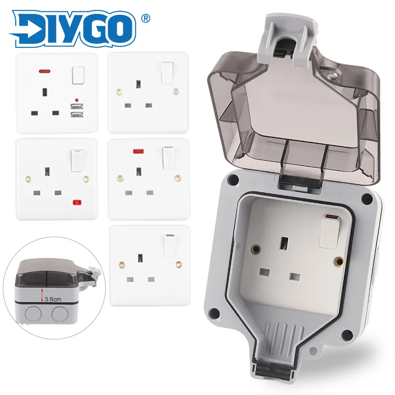 

IP66 UK Waterproof Outdoor Box Wall Power Socket Universal / British Standard Switch Outlet With Neon USB 13A For Garden DIY GO