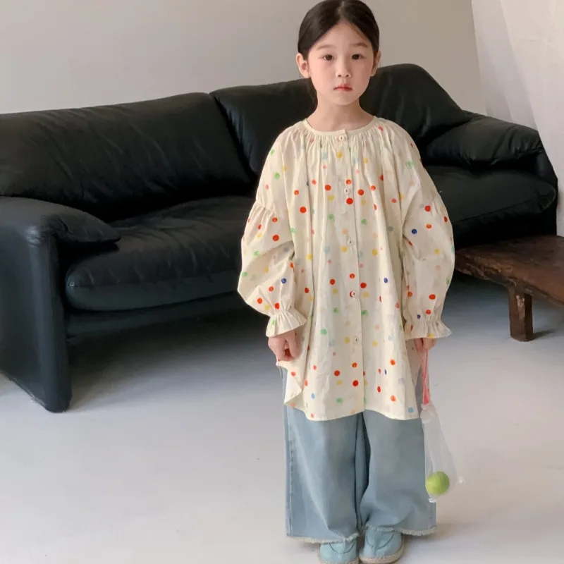 

2024 New Girls Spring Autumn Two Peice Sets Top Shirt O-neck Jeans Wide Leg Pant Loose Soft Coloful Outdoor Sweet
