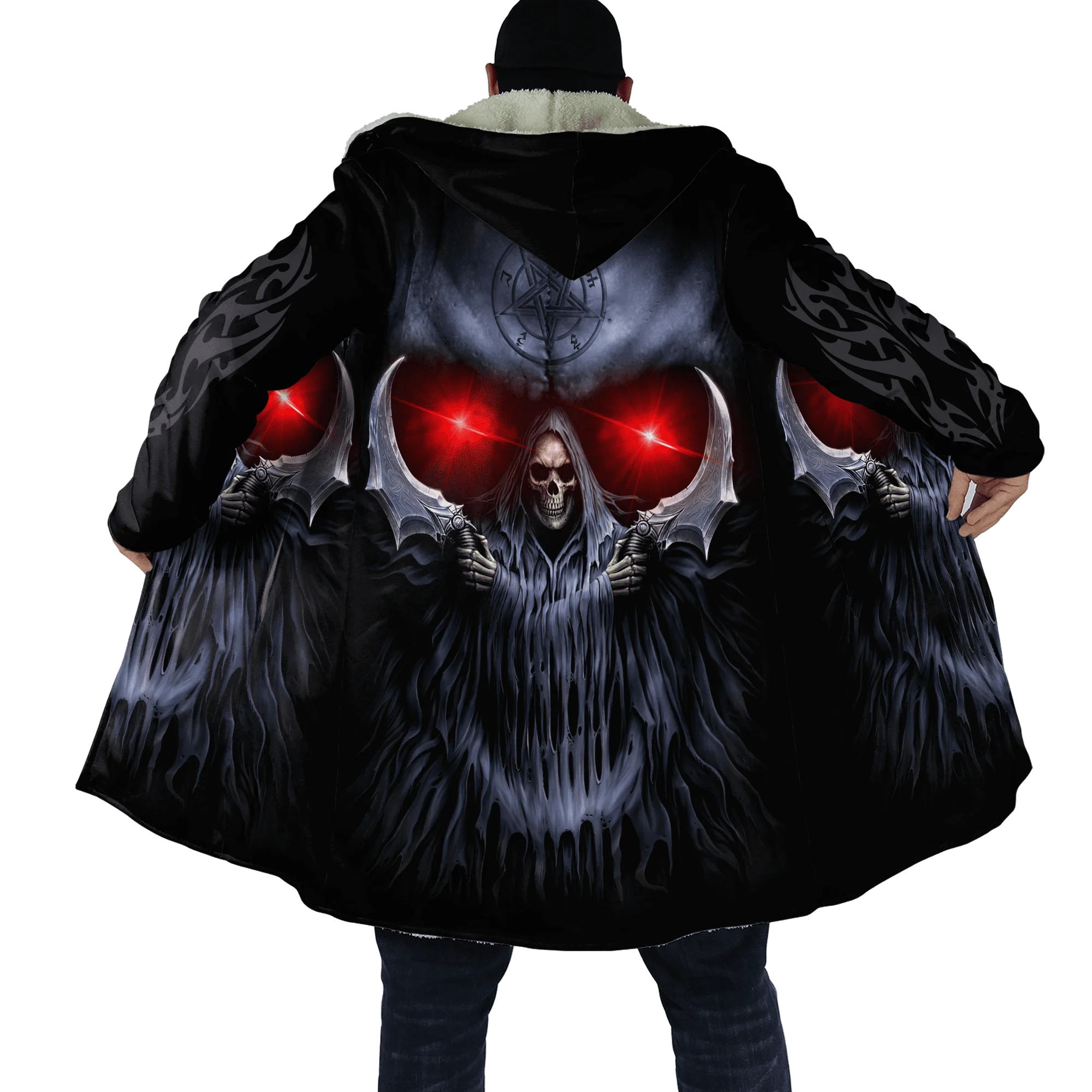 PLstar Cosmos Herren-Umhang, Totenkopf, Teufel, Tattoo, 3D-Allover-bedruckter Fleece-Kapuzenumhang, Unisex, lässig, dick, warm, Umhang, Mantel PF71 – Detail 24
