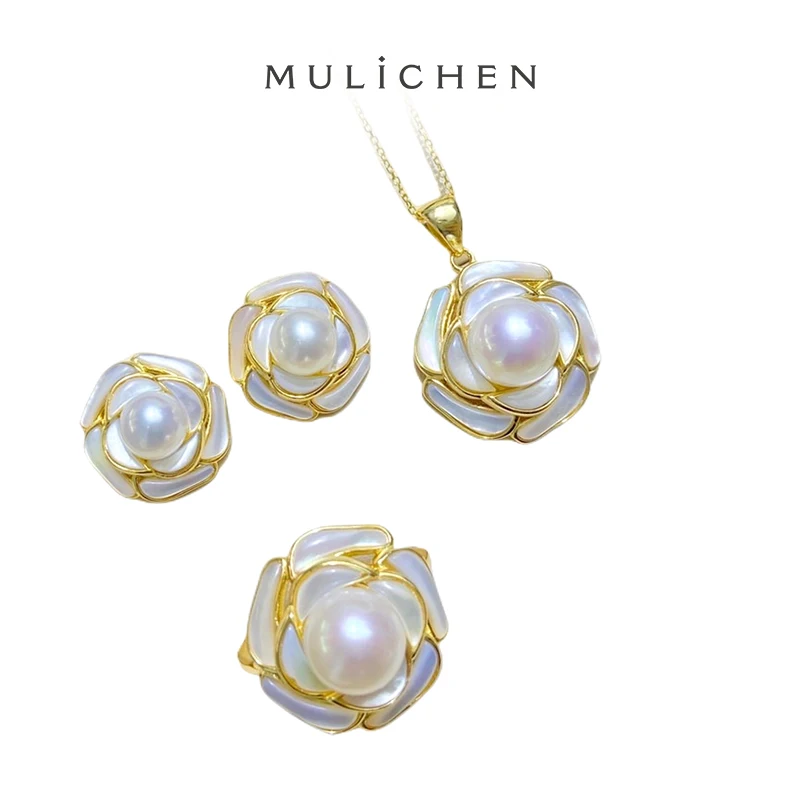 

MULICHEN Camellia Flower Freshwater Pearl Jewelry 3 Piece Suit Women's Ring Pendant Earrings 925 Sterling Silver and 14k Gold