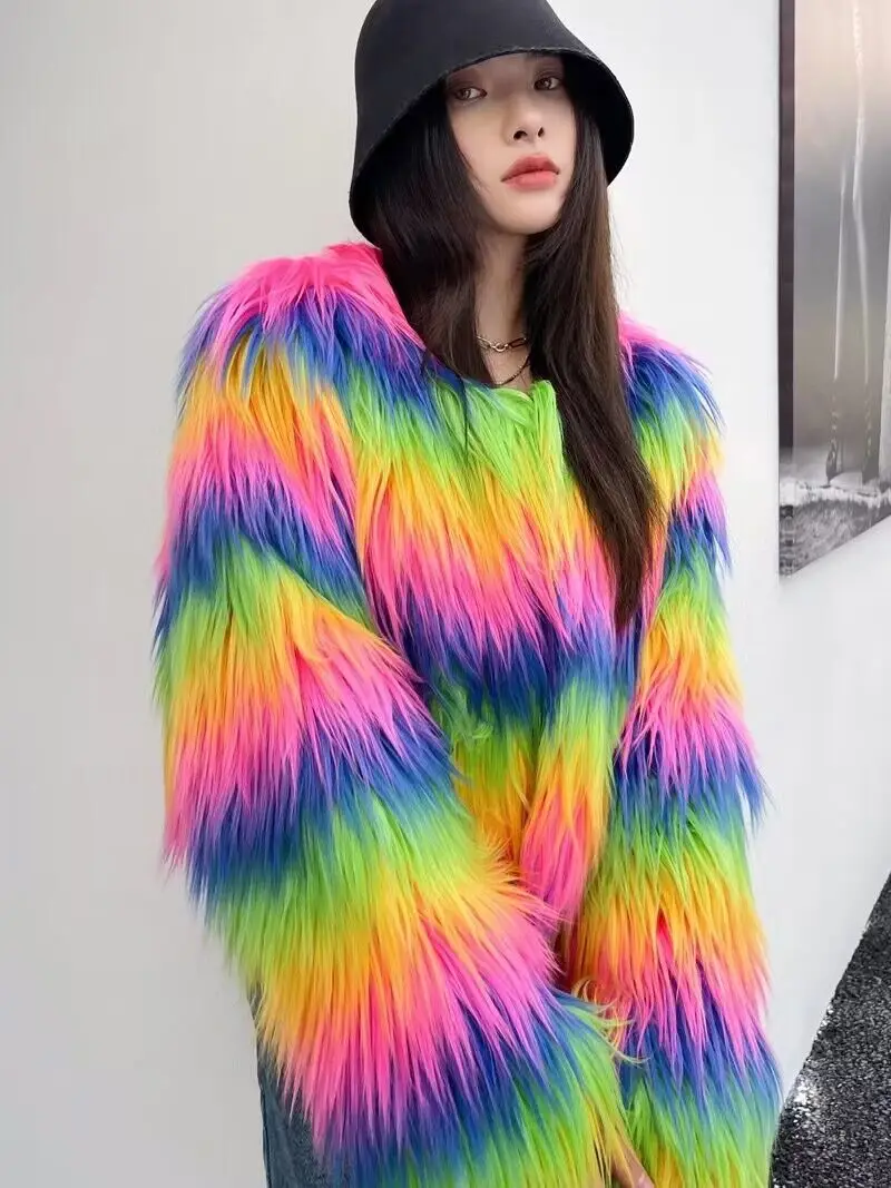 Shaggy Rainbow Faux Fur Coat 8
