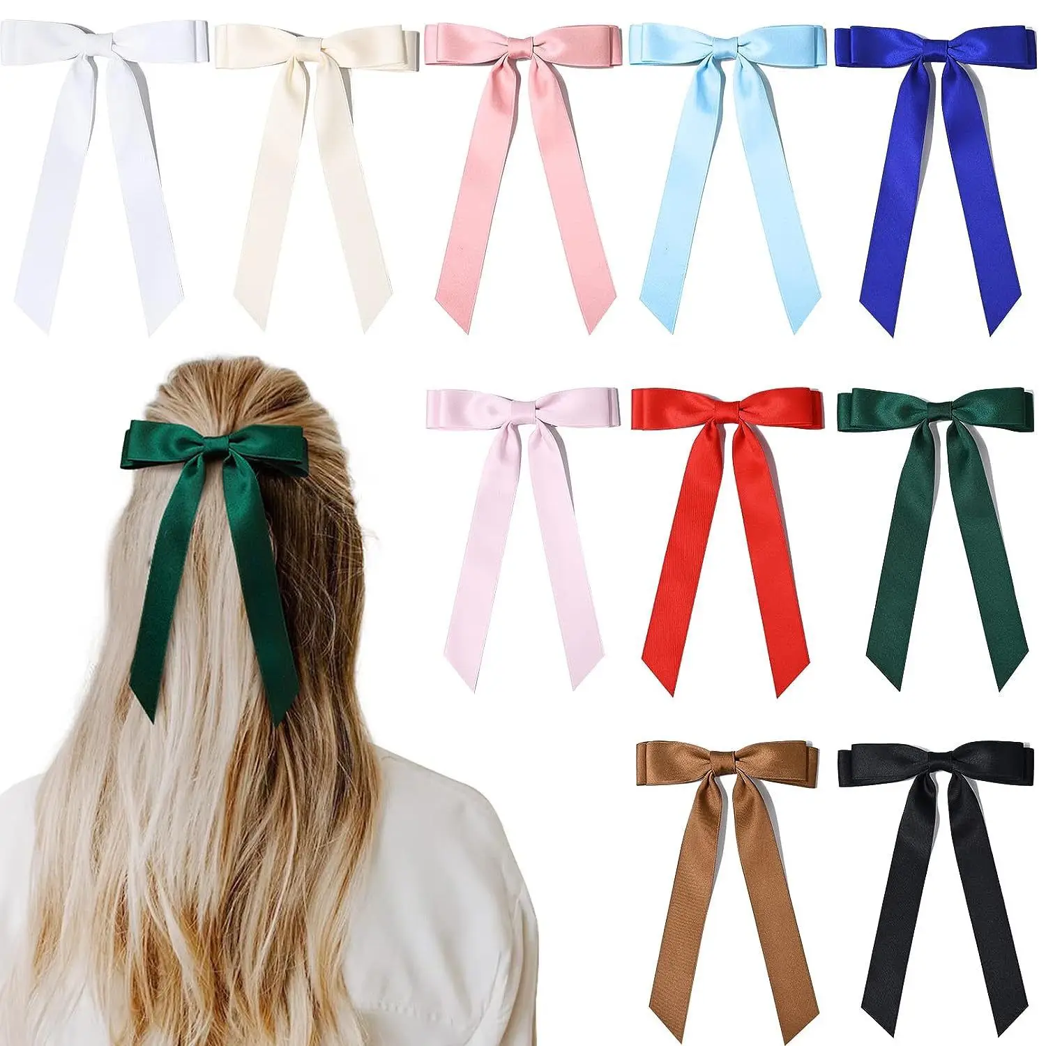 Satin Ribbon Bow Hair Clips para mulheres e meninas, grampos de fita longa, caudas longas, presilhas Bowknot, Headwear infantil, 5 