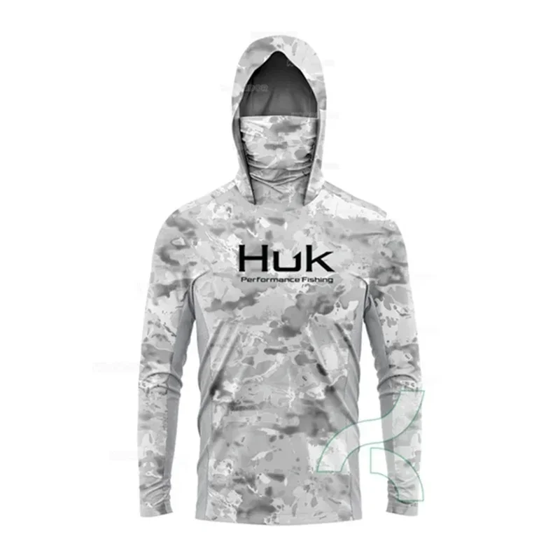HUK Fishing Shirt Long Sleeve Anti-UV Hooded With Face Mask Seam Sealing Tape