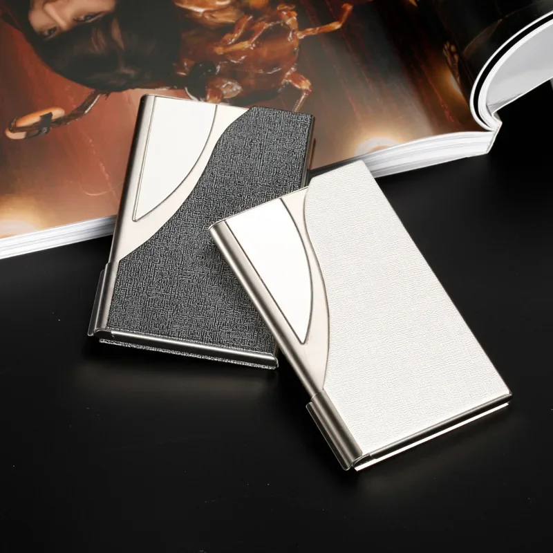 Luxury PU Leather Men's Business Card Holder Stainless Steel Aluminum Metal Box Lid Credit Card Holder 2