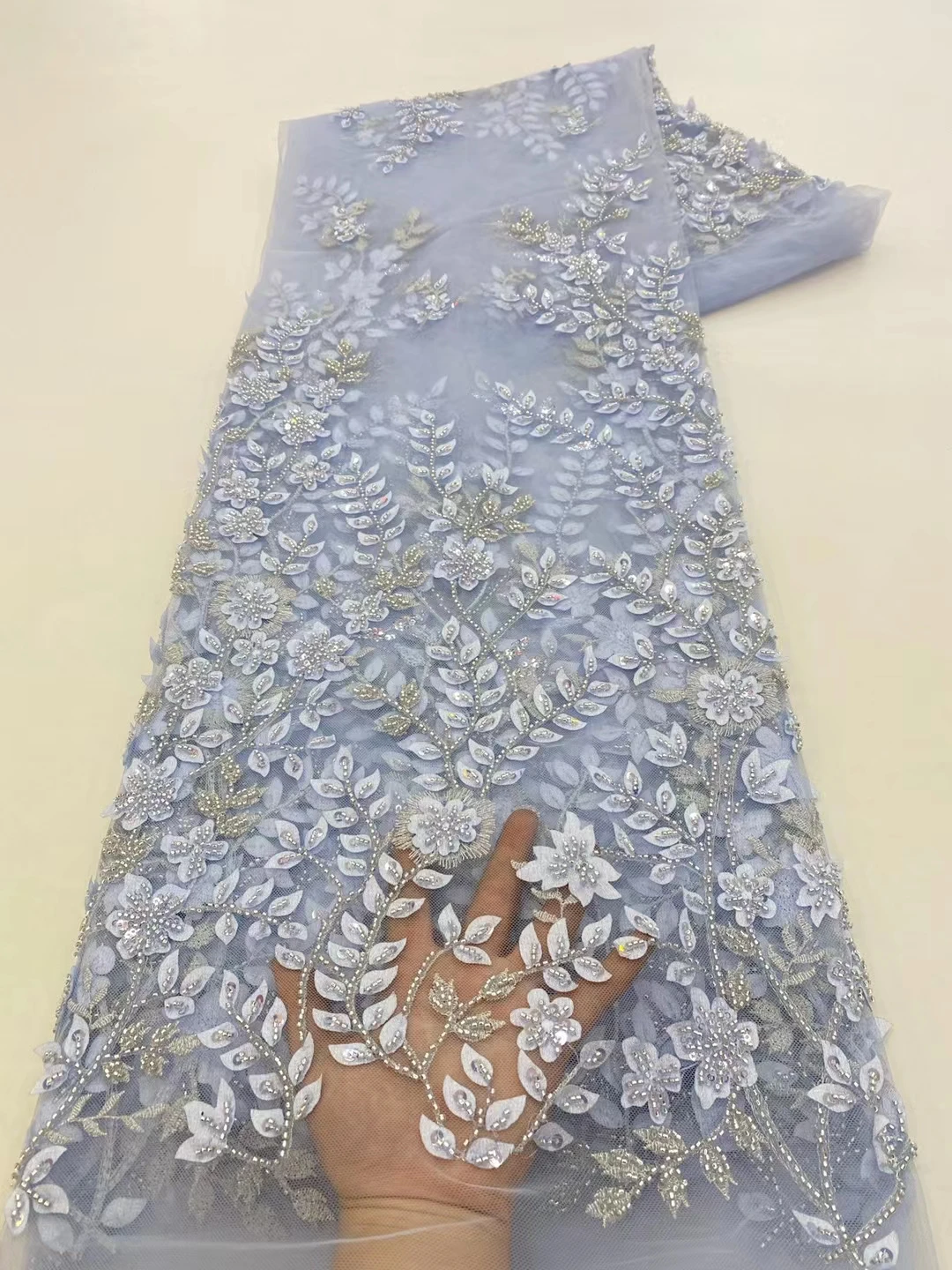 

Podwer Blue Sequins Lace Tulle Applique Flowers Fabric Beaded Cloth For Garment Sewing Dress