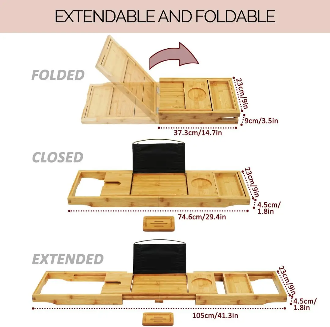 Foldable Bamboo Bathtub Tray Caddy -Expandable Bath Tray for Tub Secure Non-Slip Bathtub Caddy for Tub Bath Accessories