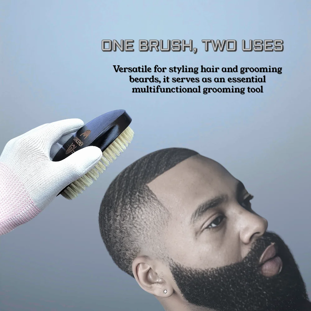 Gracemen 360 Waves Brush Curved Wooden Handle White Boar & Nylon Bristles Mix Medium Stiffness Men's Hair Beard Brush 6