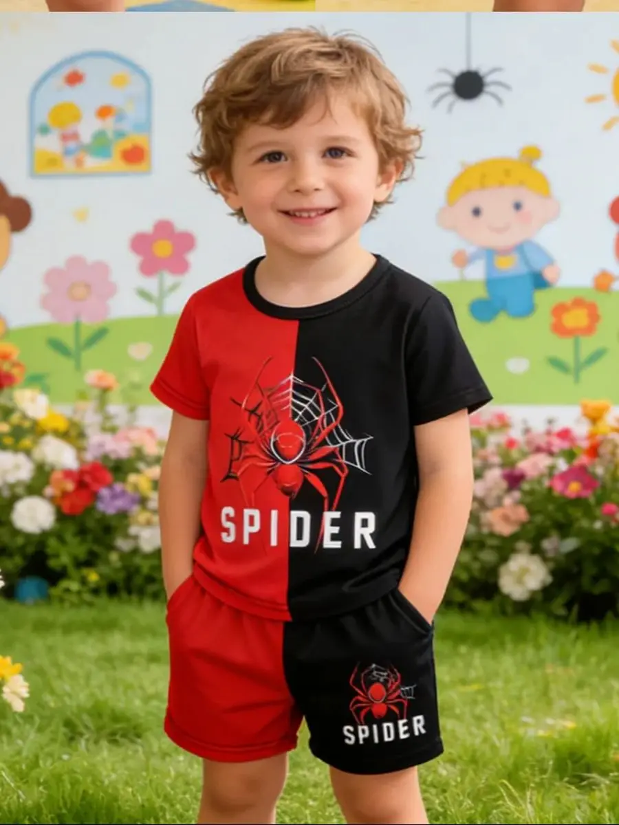 Sommer-Set für Jungen, rot-schwarz, Farbblock, kurzärmelig, 3D-Druck, lässiges zweiteiliges Kinder-Outfit – Detail 1