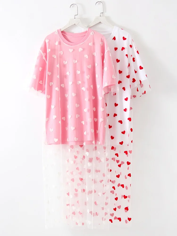 Long Mesh T Shirt Dress For Women Short Sleeve Heart Tulle Fake Two Piece Dresses WOmen's White Loose Maxi Dress With Heart Red