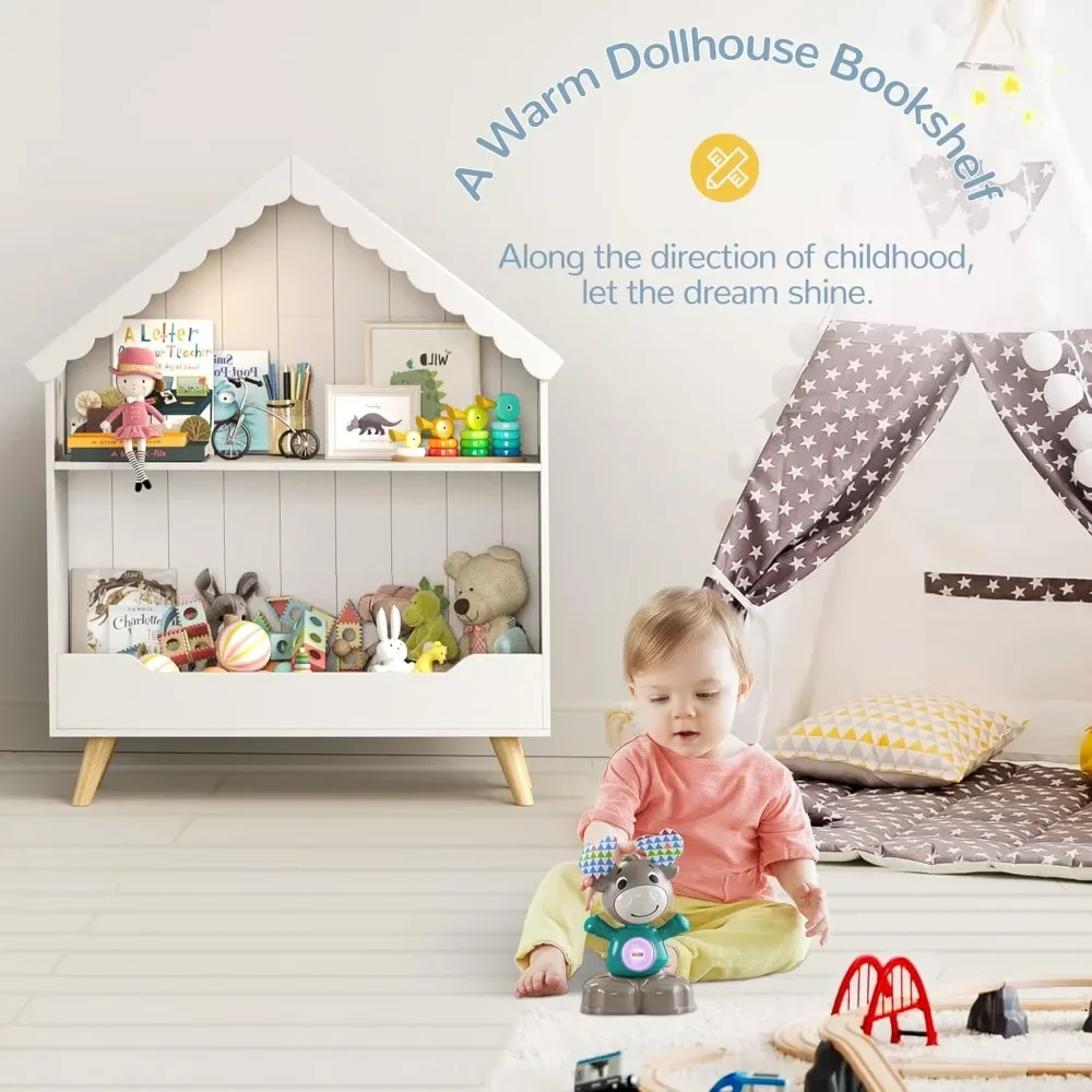 Kids Dollhouse Bookshelf, Wooden Bookcase Storage with Motion-Activated Light, Open Display Organizer for Toys and Books
