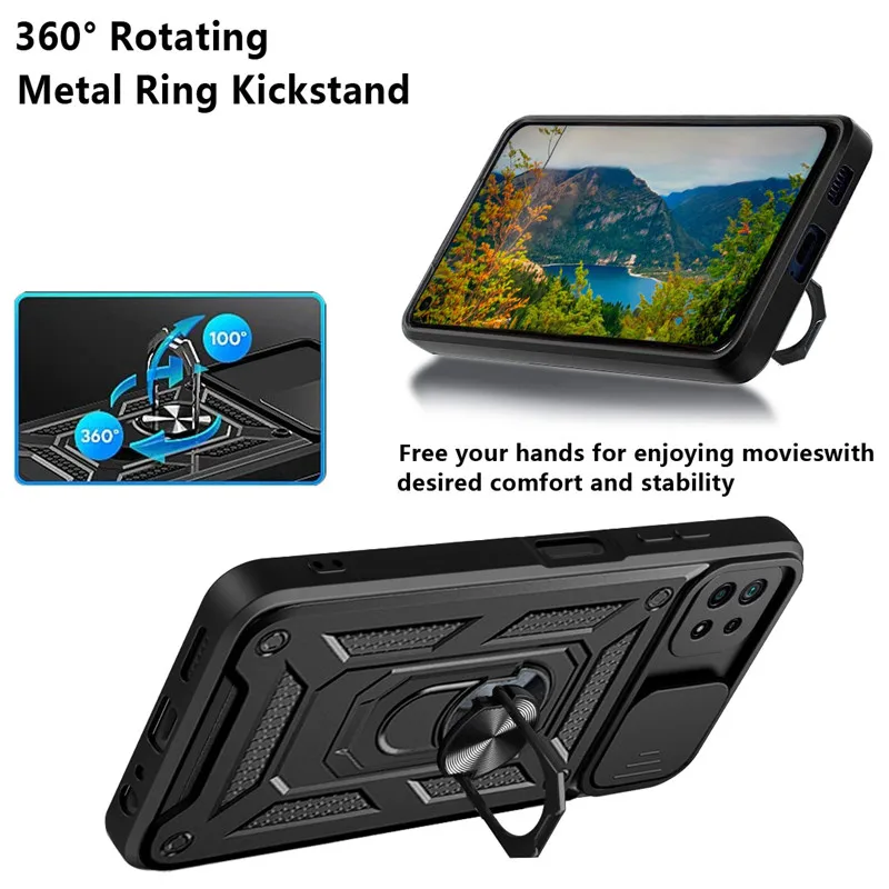 Shockproof Slide Lens Armor Phone Case with Magnetic Ring Holder - Enhanced Protection