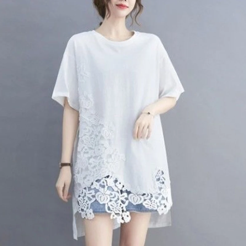 

Summer New Solid Color Fashion Short Sleeve T-shirt Women High Street Casual Loose Pullovers Mid-length Lace Hollow Out Tops