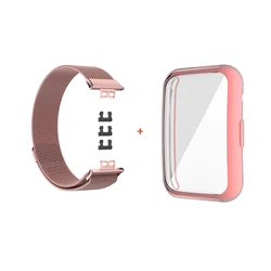 Milanese Loop Magnetic Stainless Steel Band with Protective Case - 2 Piece Set for Huawei Watch Fit (3 pink)